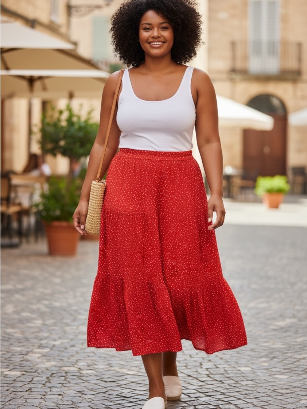 George plus size  boho Red Polka Dot Tiered Maxi Skirt size xxl